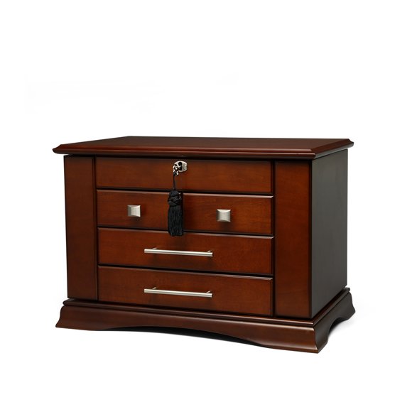 Arolly Wood Finish Jewelry Box Chest with Four Storage Compartments - Elegant and Functional Large Jewelry Storage Organizer for Gifts | Keepsake Boxes with Swing-Open Side Doors & Top Mirror Lid