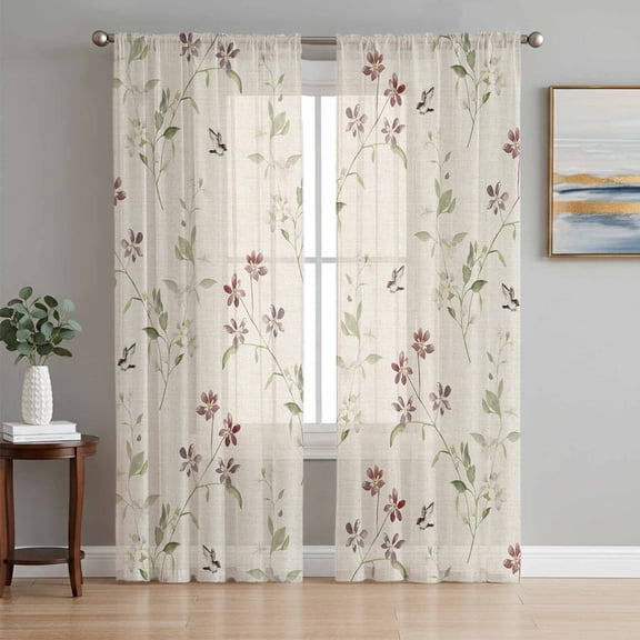Sheer Curtains 108 Inches Long, Flower Leaves, Light Filtering Window Curtains for Living Room, Farmhouse Country Flower Bud Watercolor Rod Pocket Voile Sheer Curtain Drapes, 52"W x 108"L, 2 Panels
