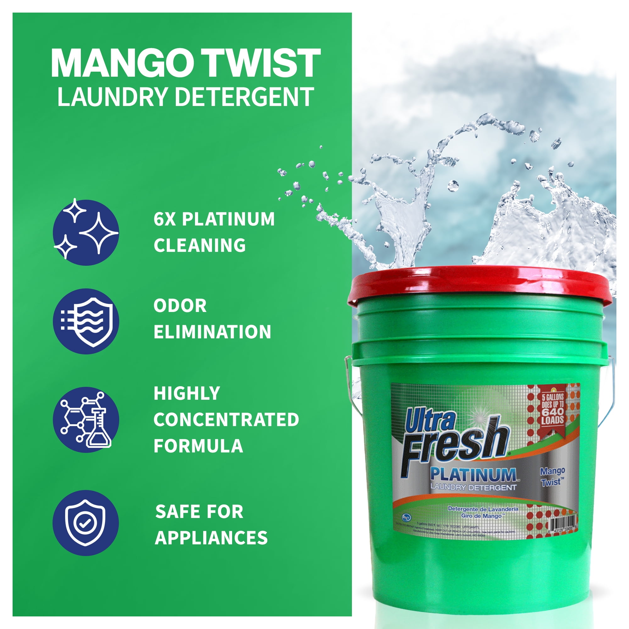 Ultra Fresh 3X Platinum Laundry Detergent, 640 Loads, Mango Twist, 5 Gal