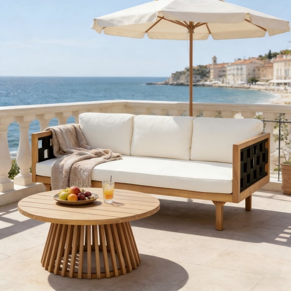 Christopher Knight Home Acacia Wood Outdoor 3 Seater Daybed with Teak Coffee Table, Beige Cushion Black Rope