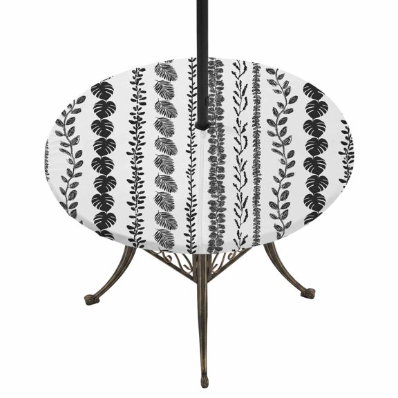 Round Outdoor Tablecloth with Umbrella Hole and Zipper, Black Botanical Tablecloth with Elastic Waterproof, Summer Botanical Leaf Vertical Stripes Patio Table Covers for 45" - 54" Picnic Pool Tables