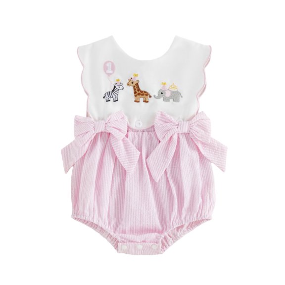 Cenuakty Baby Girls Birthday Day Romper Sleeveless Animal Embroidery Striped Patchwork Bodysuit with Bow