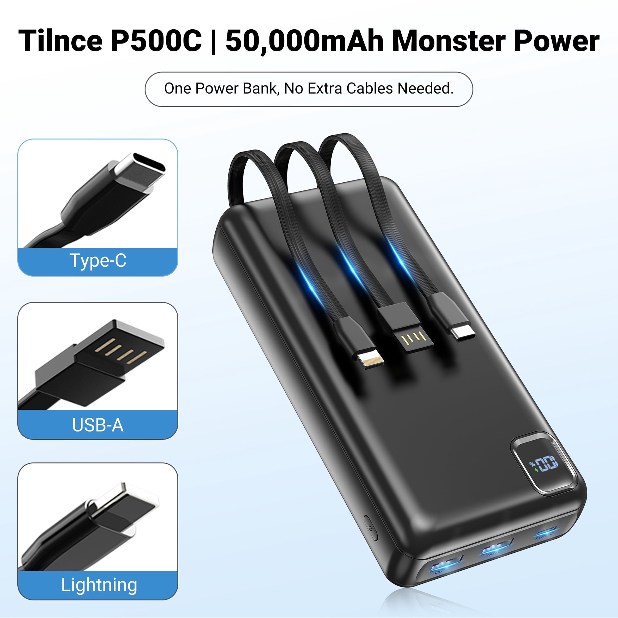 Tilnce 50000mAh Power Bank, 22.5W PD Fast Charging Portable Charger with 3 Built-in Cables and 3 Ports, High Capacity External Battery Pack for iPhone 17 16 15, Samsung, Camping