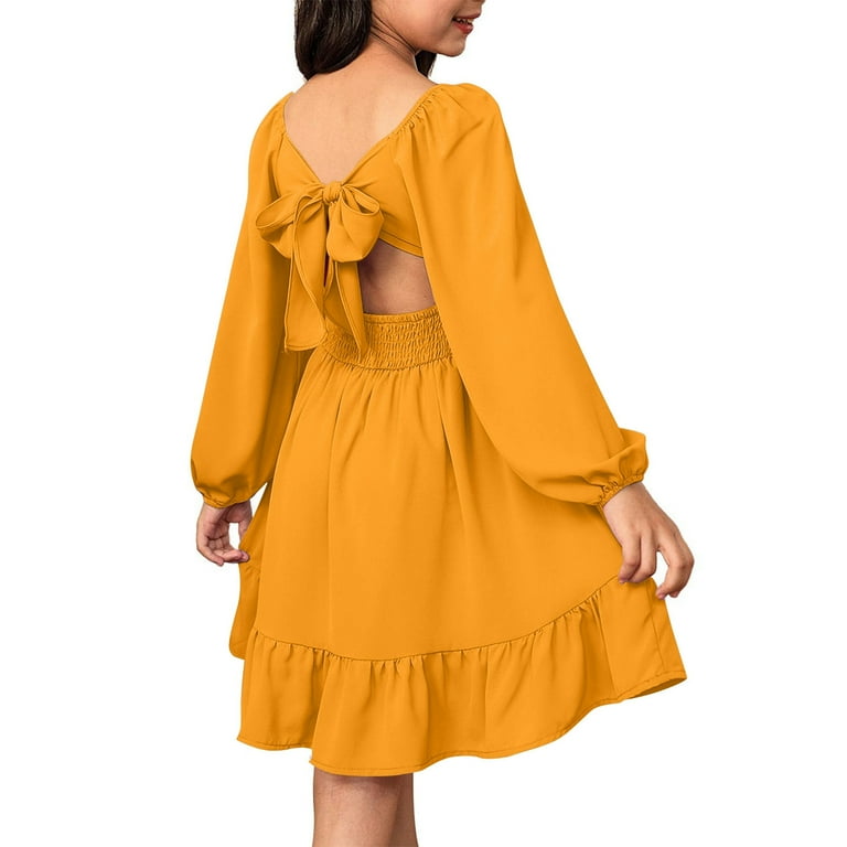 Tiijoy Big Girls Ruched Ruffle Long Sleeve Dress Square Neck Backless Dress,  Sizes 12-13 - Walmart.com