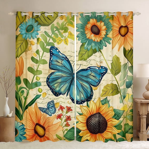 Castle Fairy Chic Flowers Black Out Curtains for Boys Girls,Floral Sunflower Butterfly Curtains Pack of 2 (42x63 Each),Vintage Aesthetic Bedroom Curtains,Lightweight Room Decor