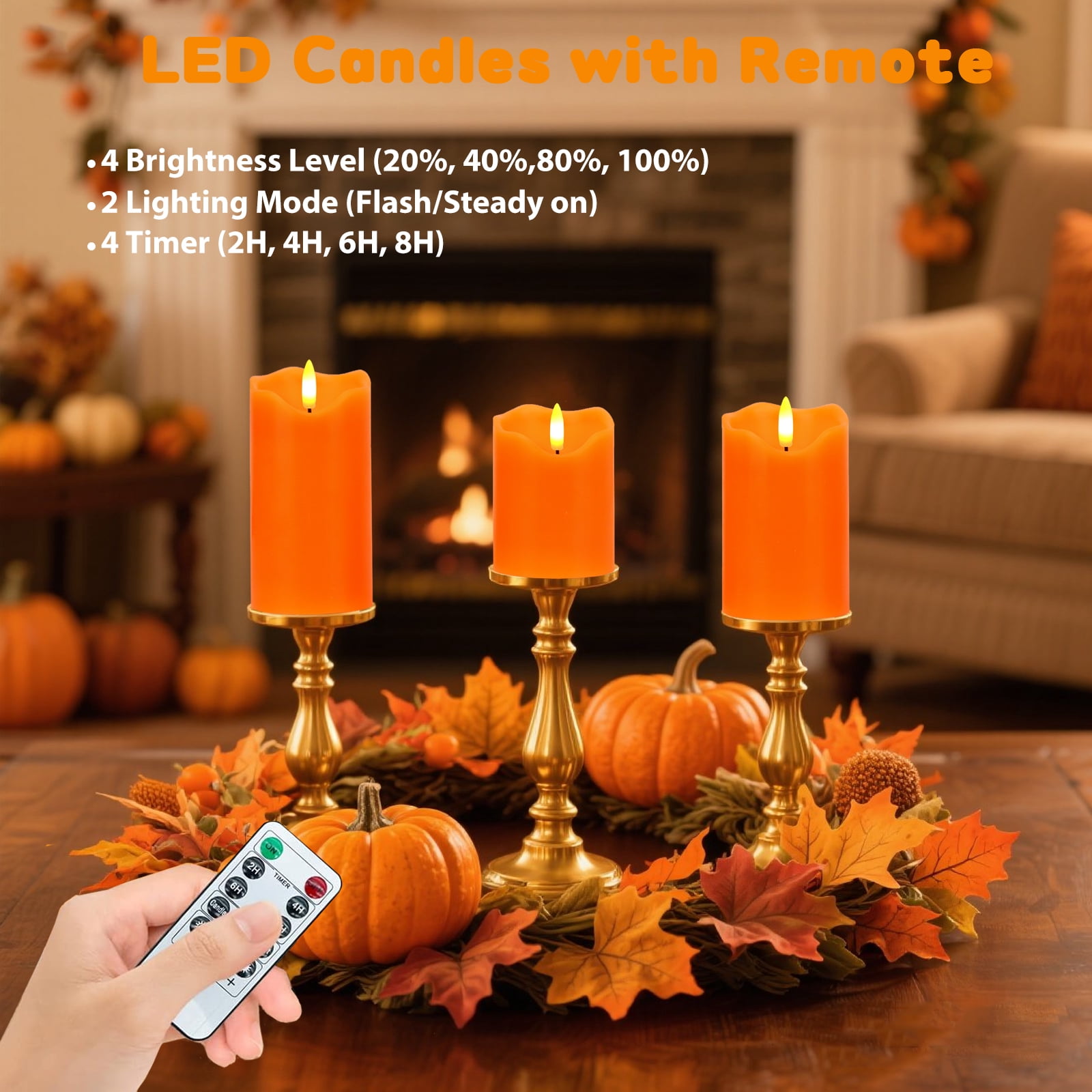 Flameless Candles Lights, Set of 3 Orange Flickering LED Candles with Remote & Timer, Dimmable LED Pillar Candles Battery Operated, Electric Candles for Fall Halloween Thanksgiving Decor