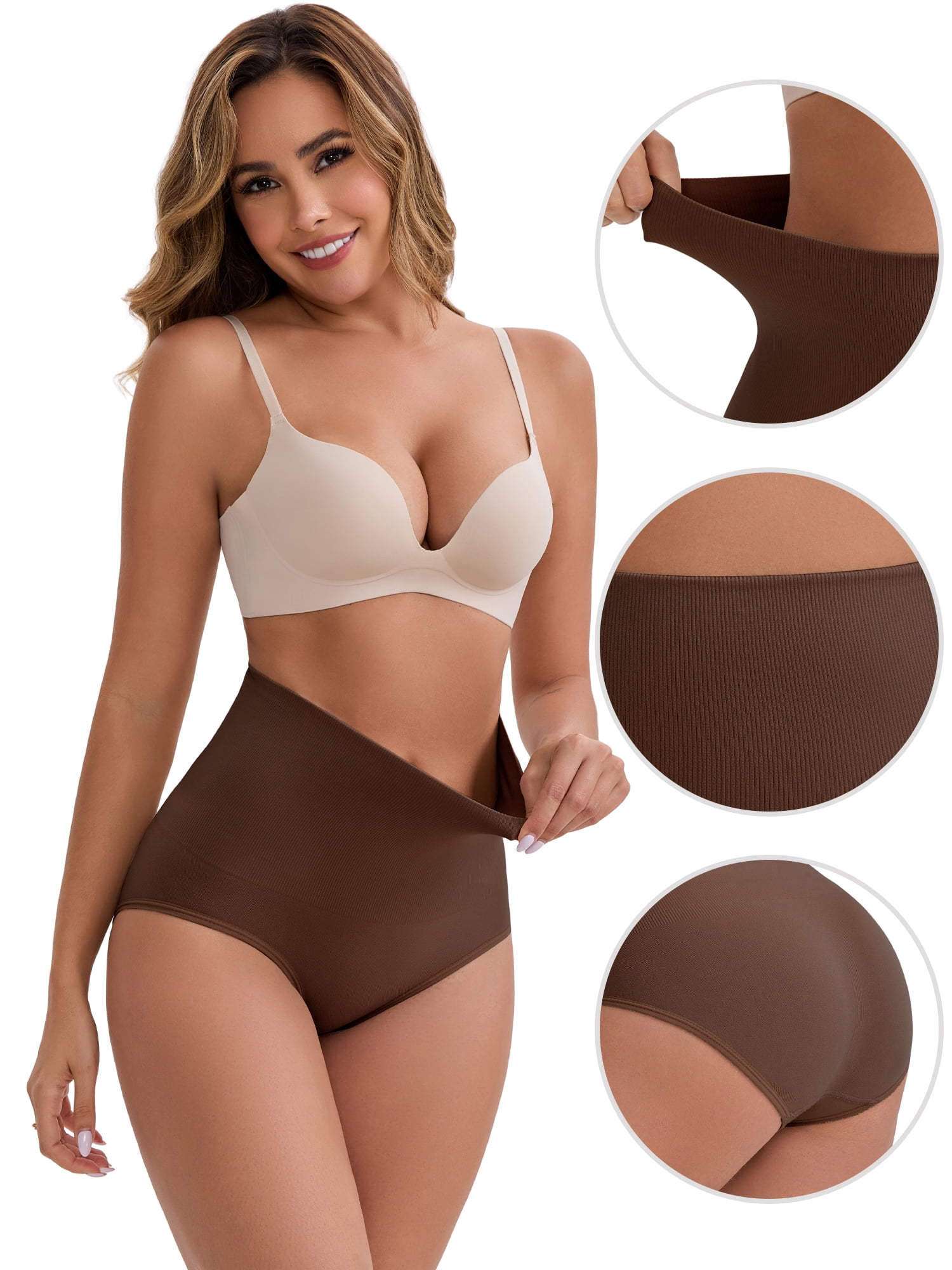 DARING DIVA Women's High-Waisted Butt Lifting Underwear 2 Pack Set M Beige, Brown