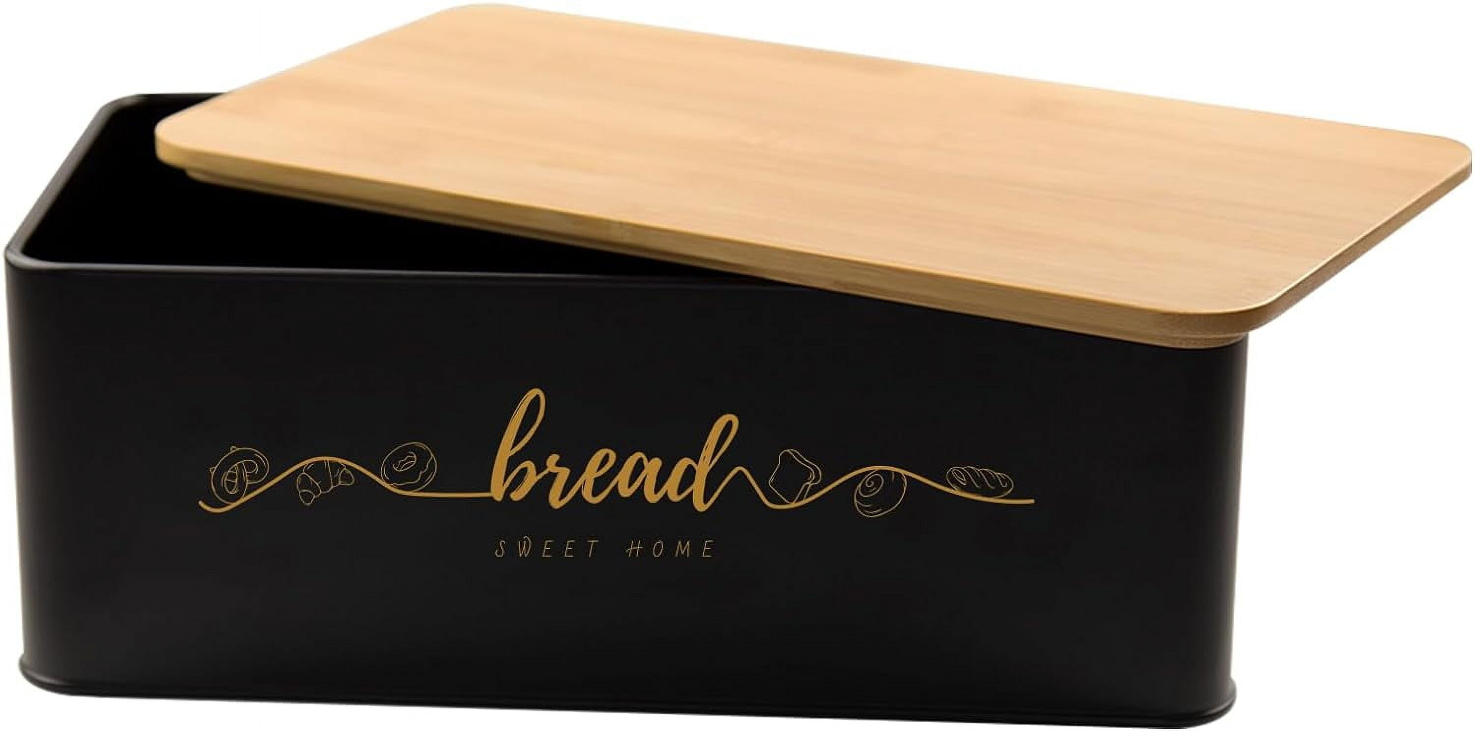 Bread Box with Bamboo Cutting Board Lid, Metal Bread Box for Kitchen Counter, Small Bread Storage Container, Black Bread bin for Kitchen Countertop