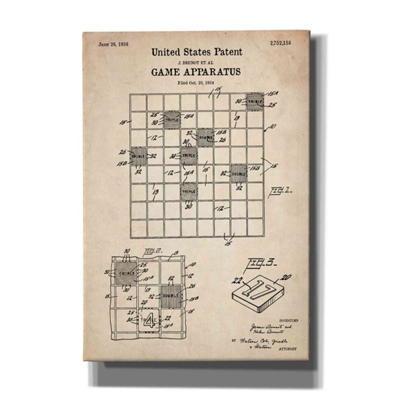 Epic Graffiti "Game Apparatus Blueprint Patent Parchment" Giclee Canvas Wall Art, 18"x26"