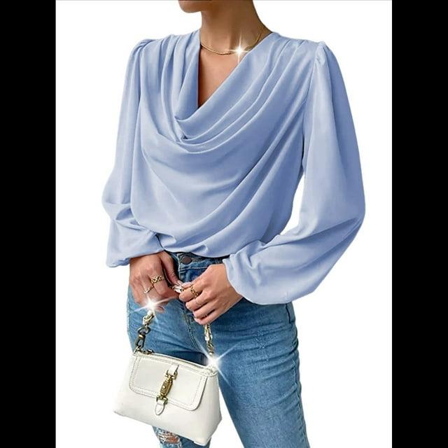 Blusas de Mujer con Cuello Vuelto, Larga, para Profesora, Oficina, Negocios, Elegantes, Informales Azul XXL