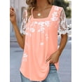 thumbnail image 1 of Camiseta estampada plisada con cuello cuadrado para mujer, camisetas de manga corta con empalme de encaje, Tops holgados informales para mujer 2023, 1 of 4