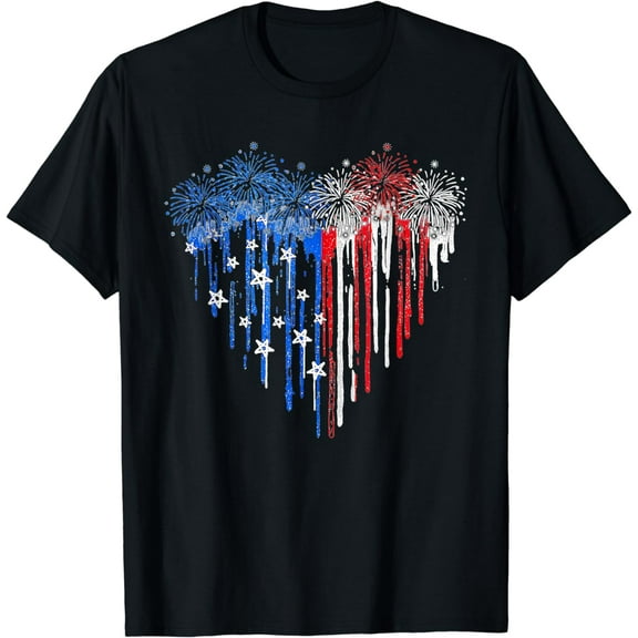 4th Of July Patriotic T-Shirt Firework Dripping Heart American Flag