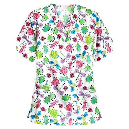 

SPIRITUALLC Women Floral Short Sleeve V Neck T-Shirt Ladies Summer Casual Beach Tunic Blouse Nursing Scrub Tee Tops