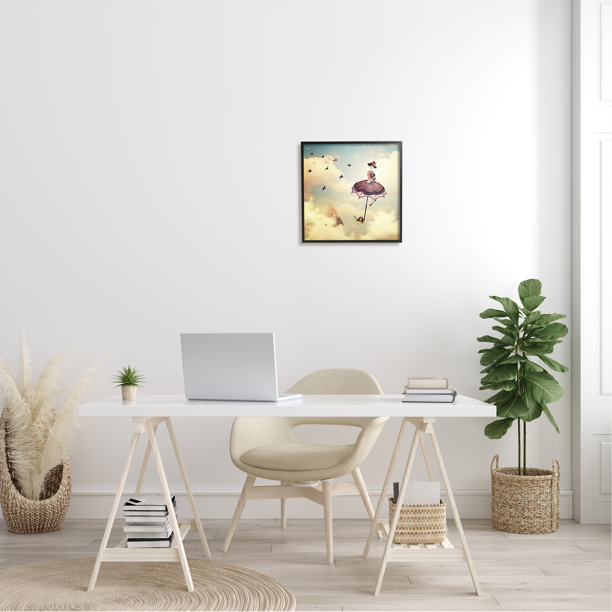 Birds Flying Surreal Woman Clouds Fantasy Illustration Animals & Insects Painting Framed Art Print Wall Art