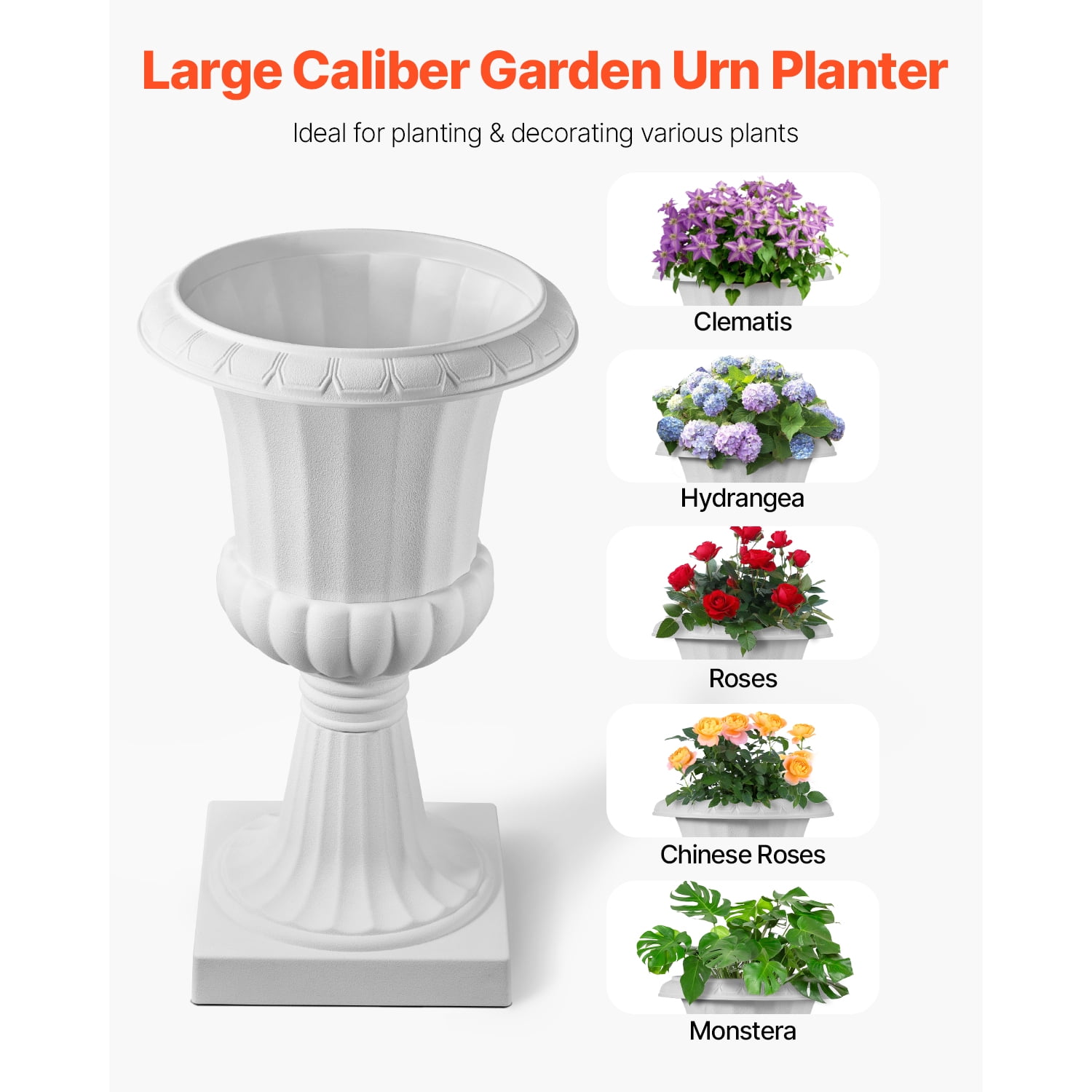 KFFKFF Plastic Urn Planters, 15.8 x 26.4 Inch, Set of 2 White Decorative Flower Pots for Indoor & Outdoor Use - Ideal for Weddings, Events, Home, Garden, Balcony, Patio, and Porch