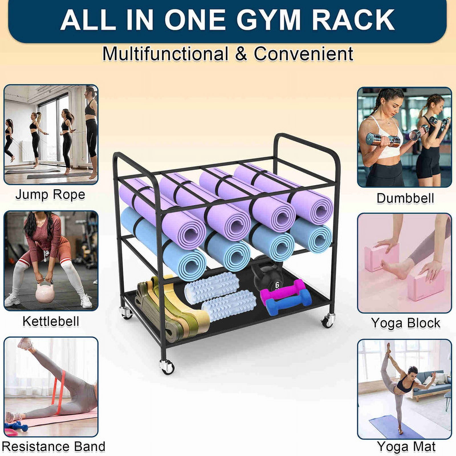 MOUMISS Yoga Mat Storage Rack with Wheels Yoga Mat Holder Home Gym Storage Rack for Foam Roller Dumbbell Kettlebells