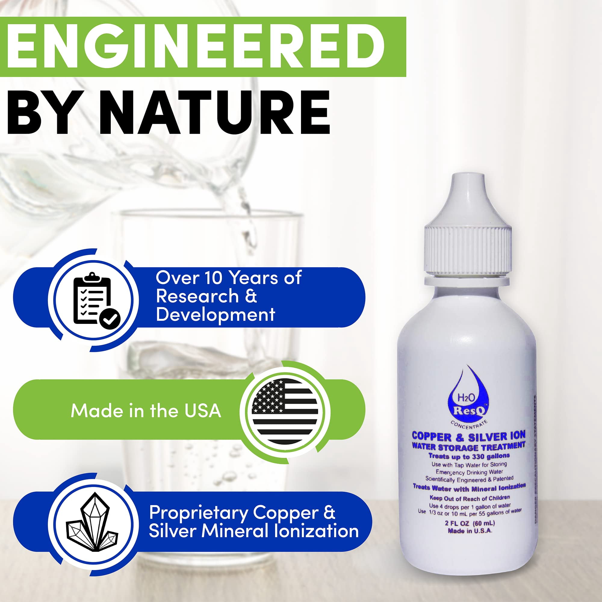 H2O ResQ Water Storage, Natural and Patented Formula, Treats 330 Gallons, Keeps Water Fresh for 5 Years, Test Kit Included!!