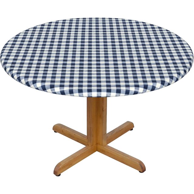 Round Fitted Tablecloth 48 Inch, Blue Jeans Gingham Fitted Round Table Cover Fitted Table Clothes Soft Table Cloths Outdoor Tablecloth for Dining, Party, Buffet, Wedding