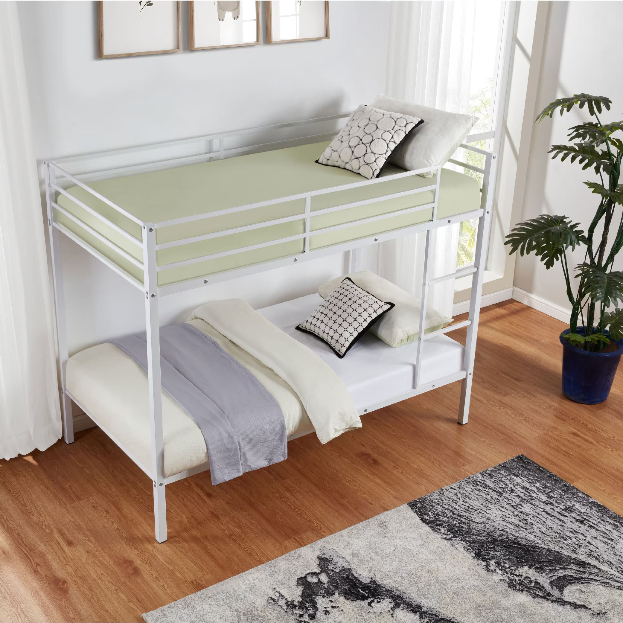 Aukfa Metal Bunk Bed Twin Over Twin, High Guardrail and Metal Slats, Space-Saving Bed Frame for Kids Teens, White