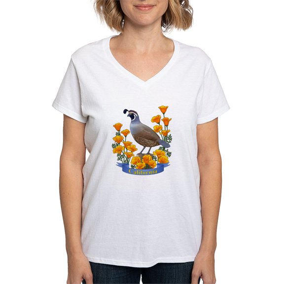 CafePress - California Quail & Golden Poppy Women's V Neck T Shirt - Womens Cotton V-Neck T-shirt