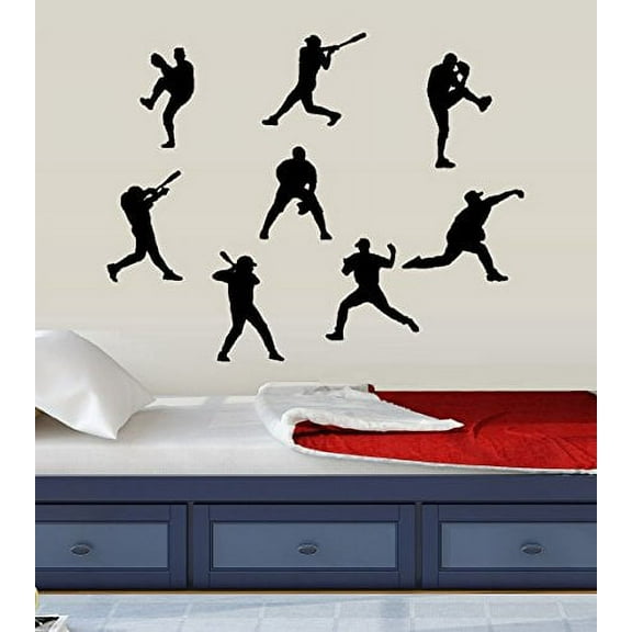 Decal ~ BASEBALL players Silhouettes ( qty 8 figures ) ~ WALL DECAL, HOME DECOR Range 10" x 14"