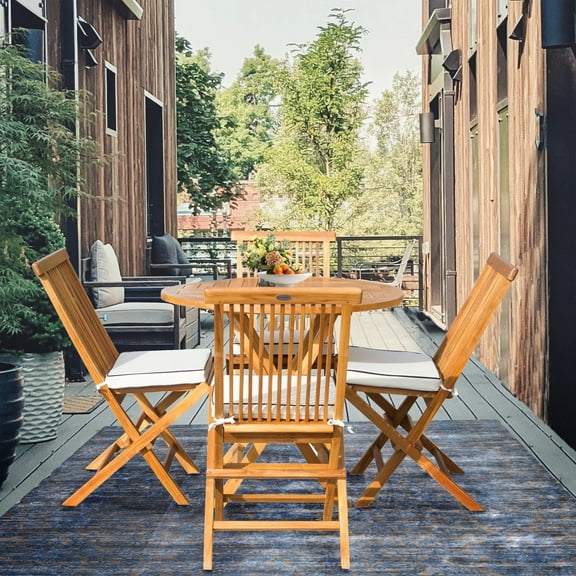5 Piece Teak Wood California Outdoor Patio Dining Set with 47" Round Folding Table and 4 Folding Side Chairs