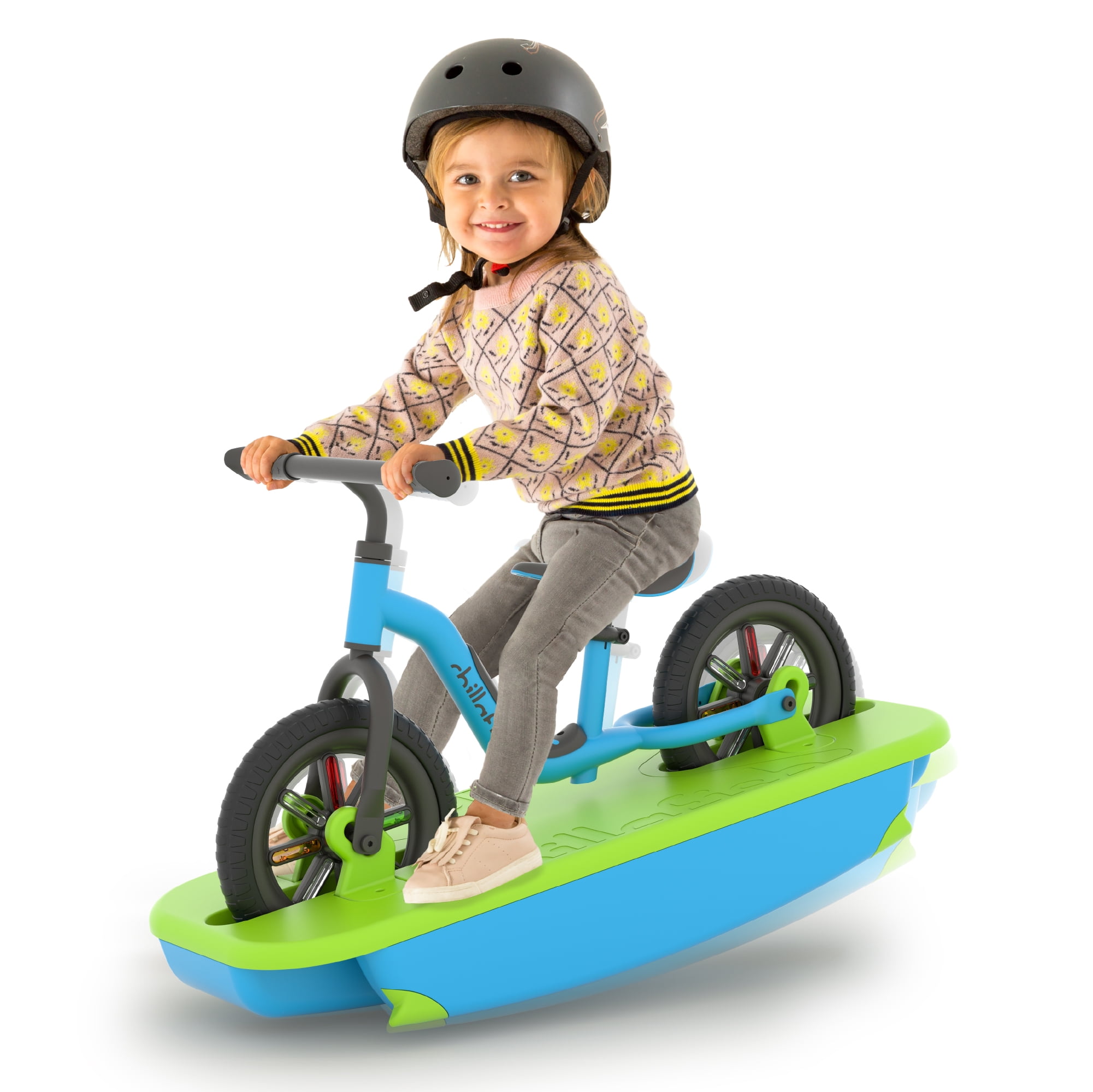 Chillafish Buzzi & Rocki, 2-in-1 Ride-On Toy, Rocker Base + 10" No-Pedal Balance Bike, Stable Learn-to-Balance Set, Ages 1,5-4 Years, Blue-Green