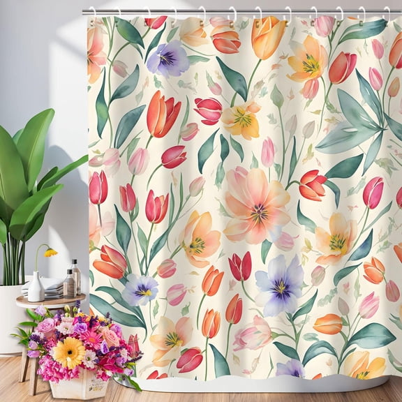 Watercolor Floral Shower Curtain, Spring Summer Flower Shower Curtains for Bathroom Decor, Vintage Country Waterproof Fabric Shower Curtain Set with 12 Hooks, 72x72 Inch