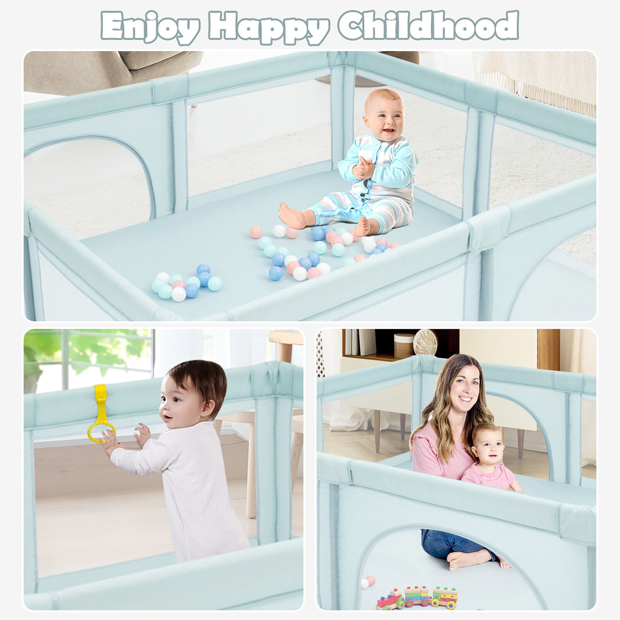 Gymax Extra Large Baby Playpen Safety Baby Play Yard w/ 50 Ocean Balls & 4 Handles Blue