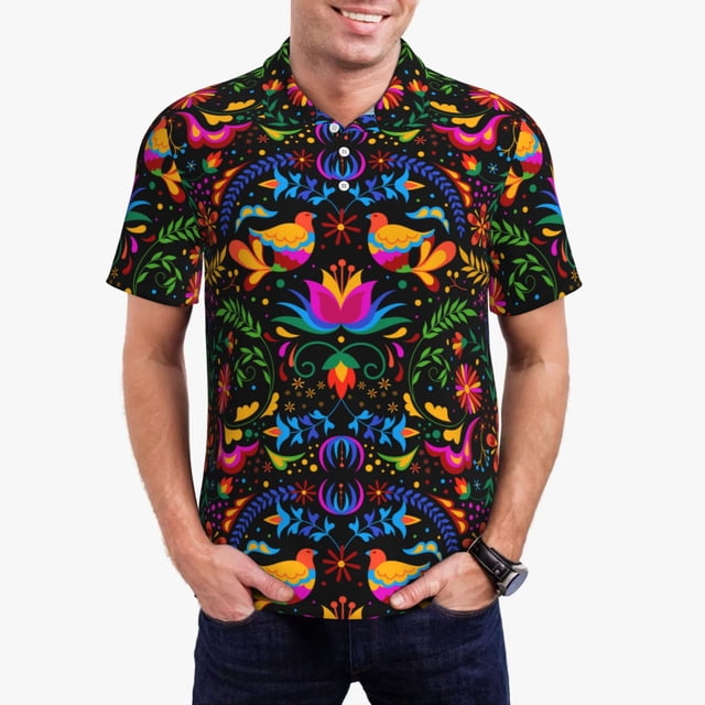 Fotbe Mexican Flower Traditional1 Camiseta Polo de Golf para Hombre con Estampado – Camisa Deportiva Transpirable con Cuello Abotonado-3X-Large