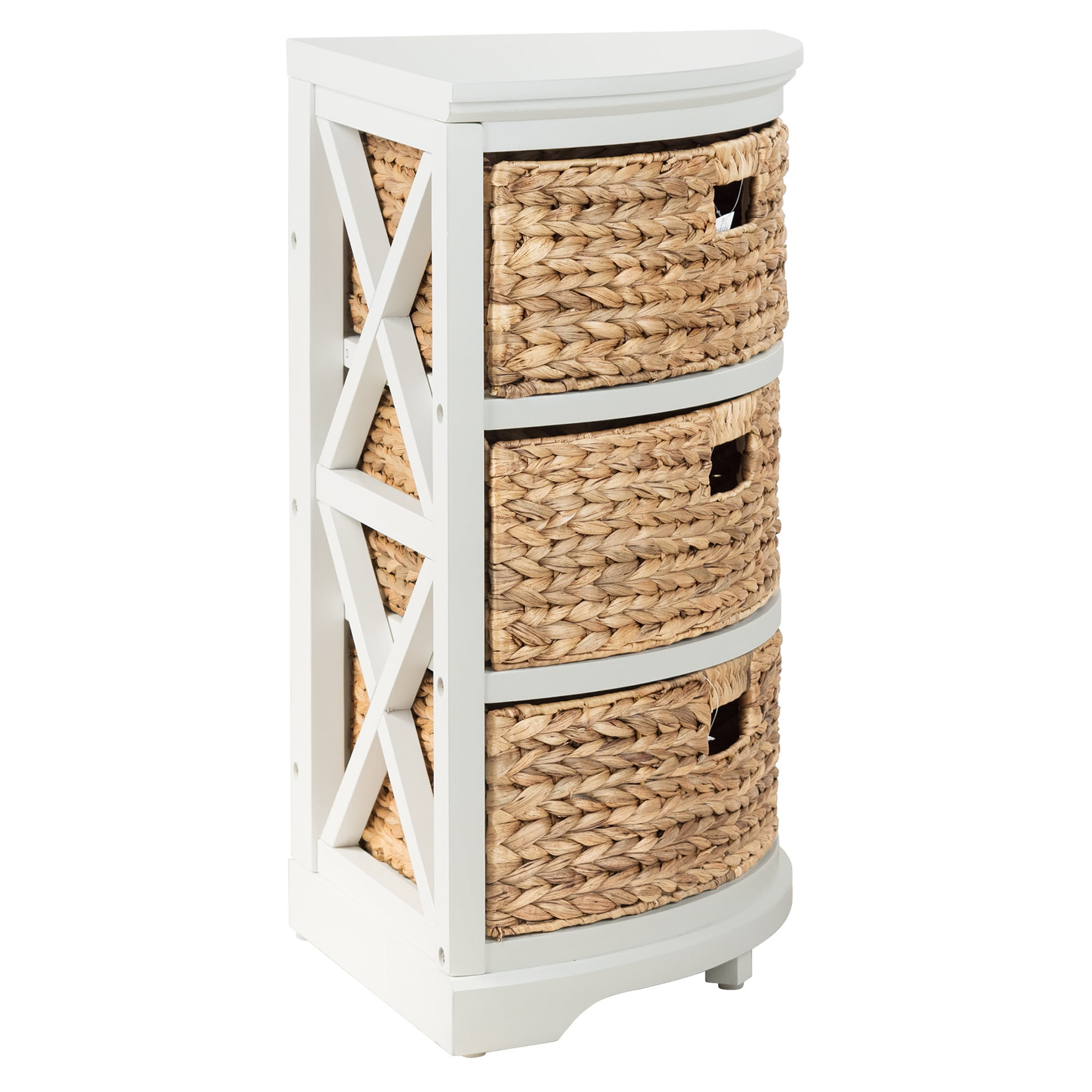 Hampton Meadows 3 Tier X-Side Corner Table Storage Cabinet with 3 Natural Water Hyacinth Wicker Baskets for Living Room, White