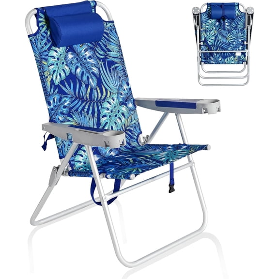 Tall High-Back Folding Beach Chair with 17-Inch Seat 5-Position Reclining Cup Holders and Pillow
