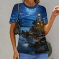 thumbnail image 6 of Lighthouse Sunrise Coast Scenery Pale Blue Tan Womens Tops Women's Fashion Casual Short Sleeve Flower Print Round Neck Pullover Top Blouse, 6 of 6