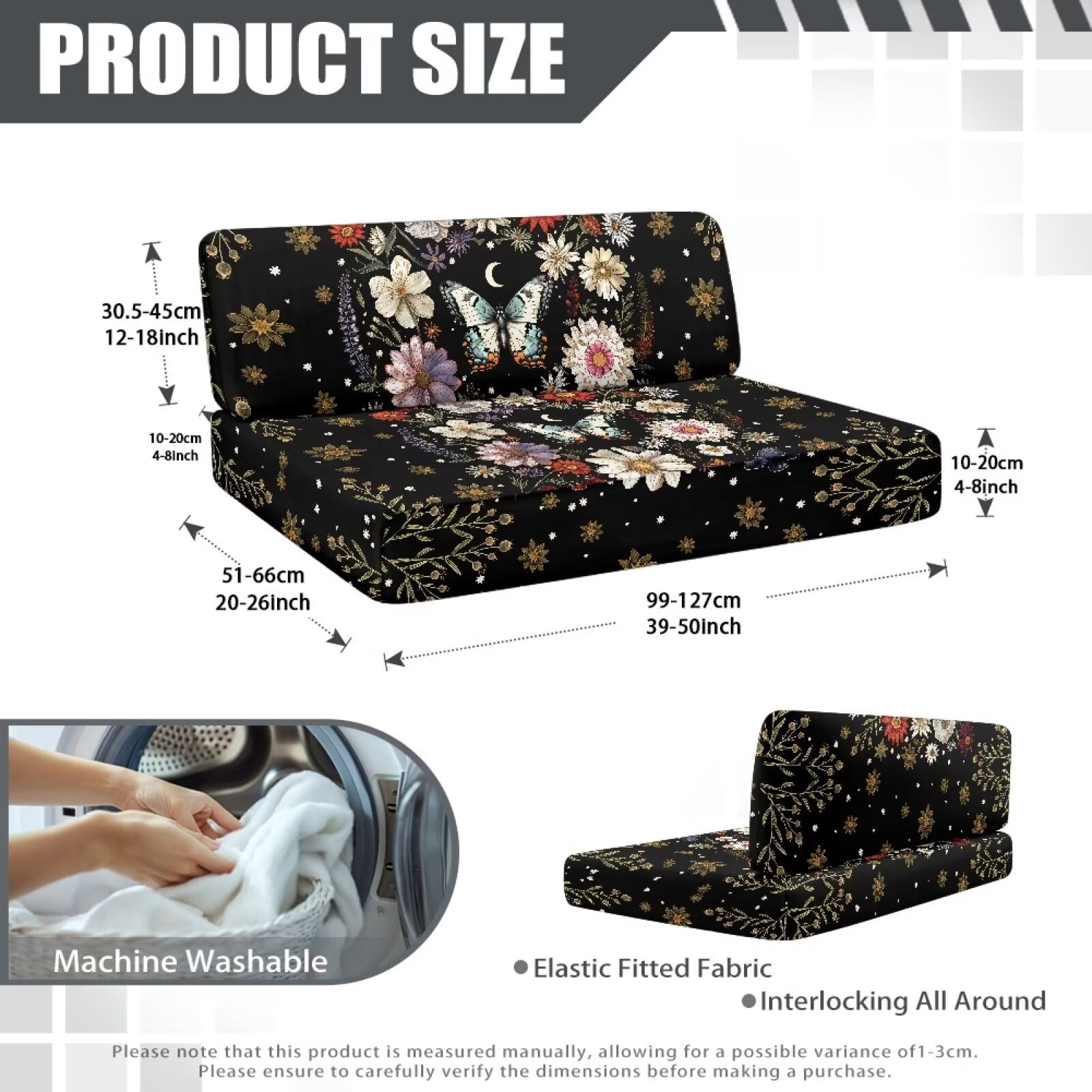XYZCANDO Butterfly Floral RV Dinette Cushion Covers Comfortable Couch Cover 2 Cushion Sofa Universal RV Accessories Stretchable RV Dinette Cushions for Women Slip Covers for Loveseat Black