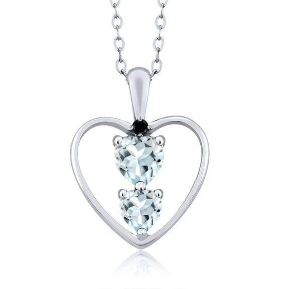 Gem Stone King 925 Sterling Silver Sky Blue Aquamarine and Black Diamond Pendant Necklace for Women (0.67 Cttw, Gemstone March Birthstone, Heart 5MM and 4MM, with 18 inch Silver Chain)