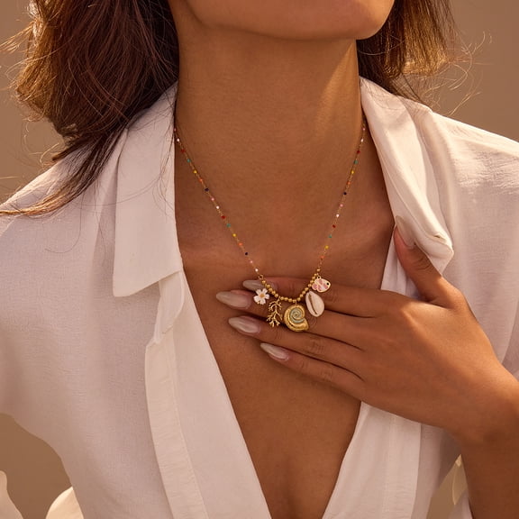 NICKSUN 18K Gold Plated Stainless Steel Dopamine Colorful Bead Necklace, Enamel Ocean Conch Shell Daisy Charm Necklace for Women, Summer Beach Vacation Anti-Tarnish Dainty Jewelry Gift