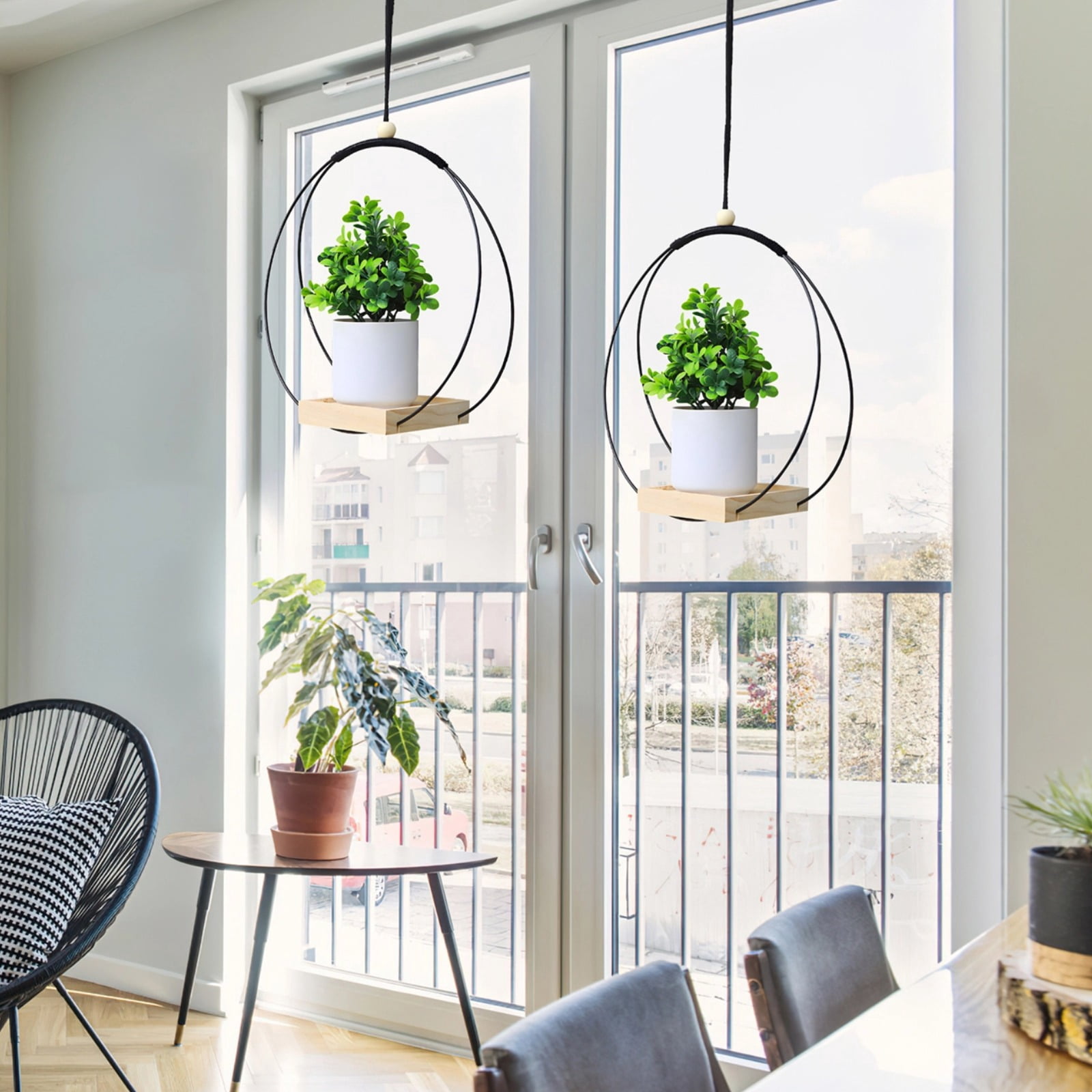 4 Pcs Wooden Iron Planter Set 30 x 30 cm/12 x 12 in, Black Hanging Planters for Indoor Plants, Boho Nordic Style with Wooden Base Tray, Ideal for Home and Balcony Decoration