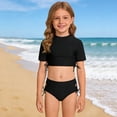 thumbnail image 2 of REDARER Girls 2 Piece Bikini Swimsuit Set Solid Short Sleeve Crop Top High Waist Bottoms With Side Drawstrings Summer Beach Pool Swimwear,11-12 Years, 2 of 7