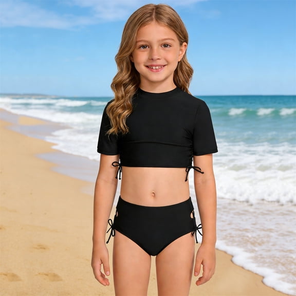 HOWPAY Swimsuit for Girls Quick Dry Solid Color Short Sleeve Tankini High Waist Boyshort Bathing Suit Summer Beach 2 Piece Swimwear Black