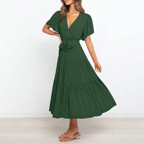 Bnwani Summer Maxi Dresses for Women,Womens Dresses,V-Neck,Drawstring,Short Sleeve,Flare,Green,2XL