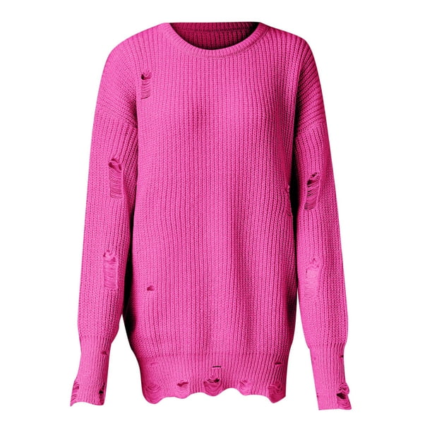 Gibobby Suéter casual mujer, Suéter de cuello redondo para mujer, casual, manga larga, punto grueso, suéter suave(Rosa caliente,XG)