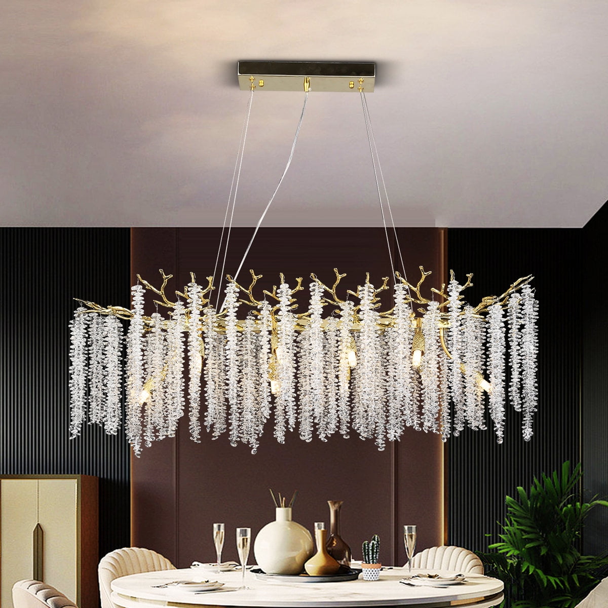 Contemporary Crystal Chandelier – Gold Tree Branch Design, 31.5” Wide, Adjustable Hanging, 10 G9 Bulbs
