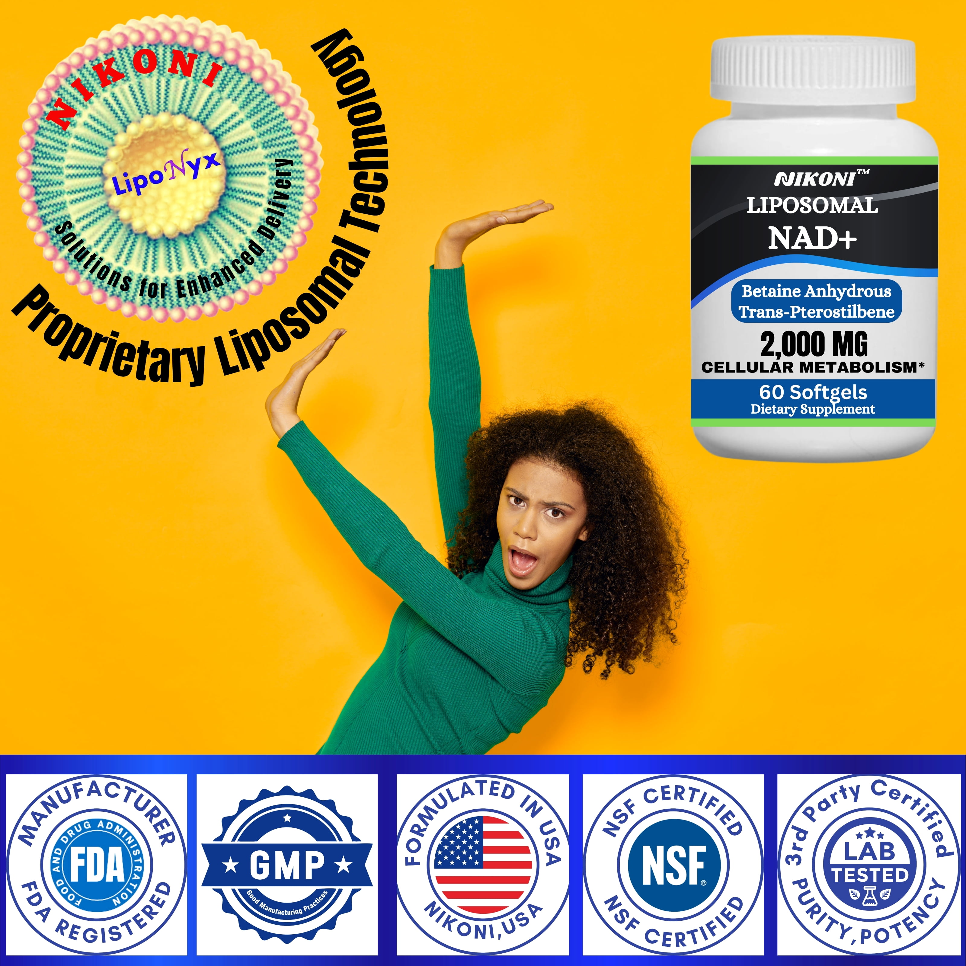 Nikoni Liposomal NAD+ 2000 mg Supplement with Betaine, Supports Energy & Healthy Aging, 240 Softgels