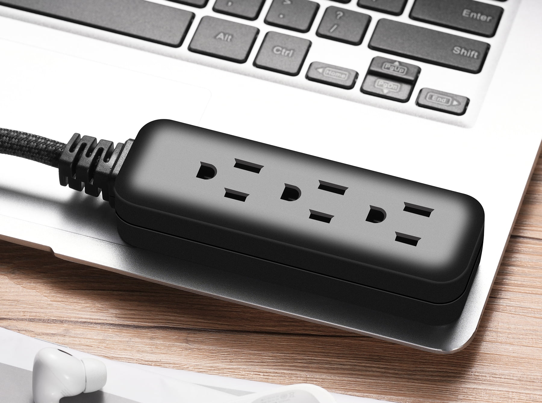 (3 pack) Hyper Tough Flat Plug Extension Cord, 2 ft Braided Cord, 3 Outlets, 3 Prong Grounded, Indoor, Black