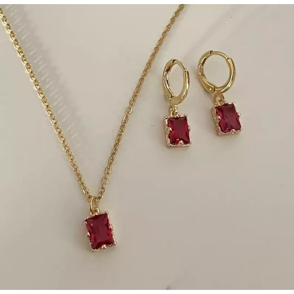 3Ct Lab Created Red Ruby Women Jewelry Set 14K Yellow Gold Plated Emerald Cut