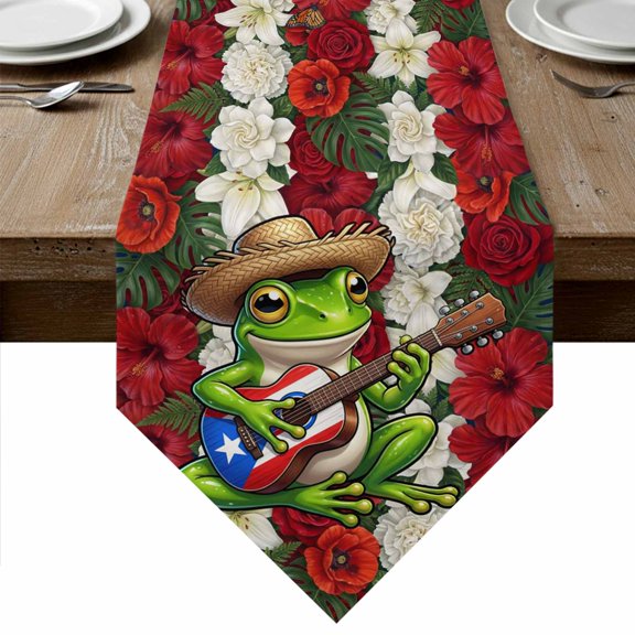 Funny Guitar Frog Table Runner Linen Burlap Table Runner 70 Inches Long Red Blue White Floral Puerto Rico Flag Dresser Scarves for Kitchen Island Coffee Dining Room Party Wedding Decor 13"x70"