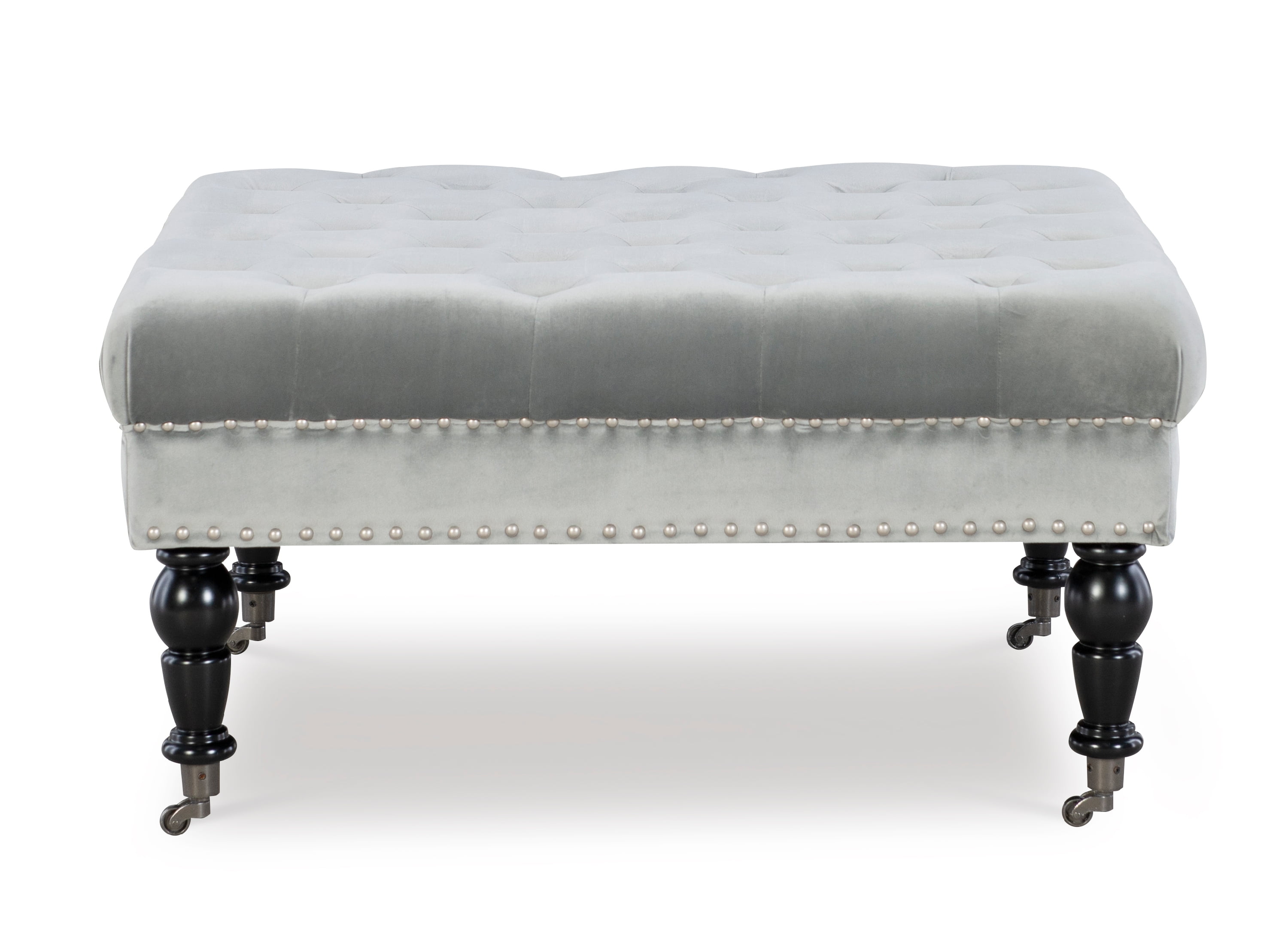 Linon Kacie Square Button Tufted Ottoman, Black/Gray Velvet