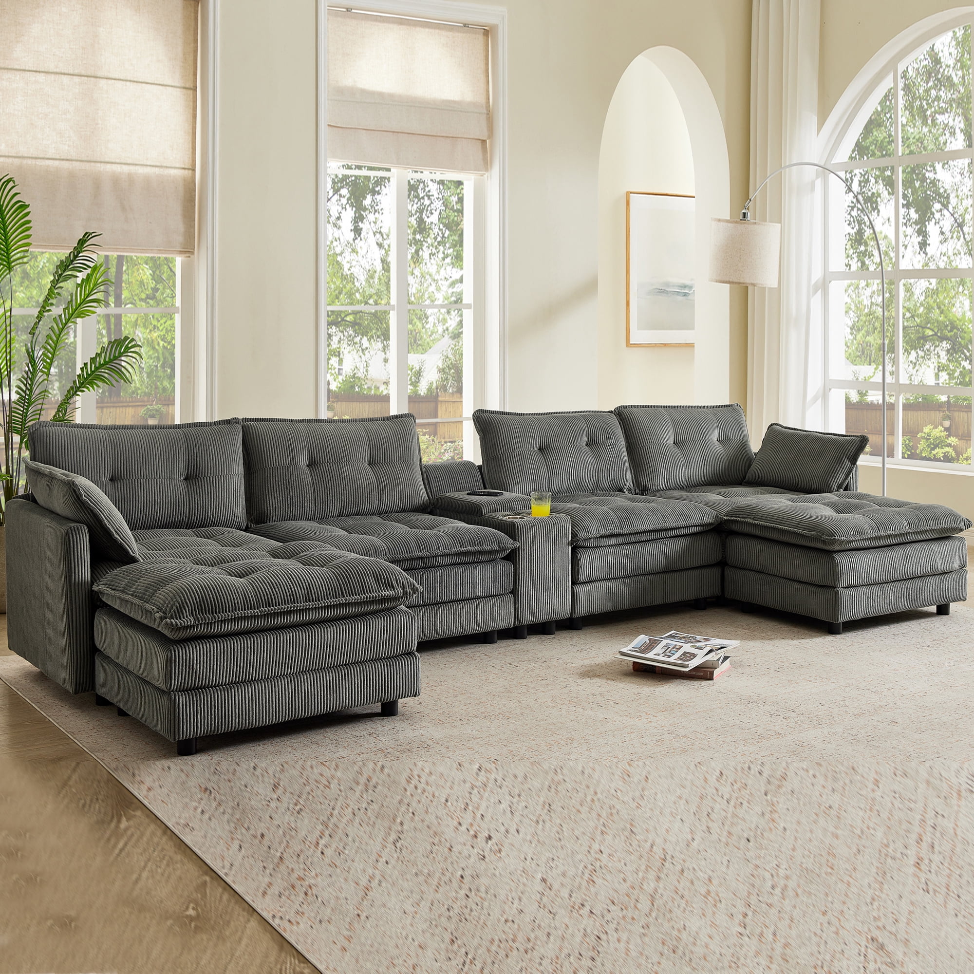 BSHTI 154" 6-Seat Corduroy U-Shaped Sectional Sofa with Multifunctional Console, USB Charging Ports, Cup Holder, Storage for Living Room (Gray)