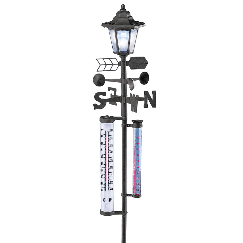 Solar Powered Weather Station Lantern Metal Yard Stake with Wind