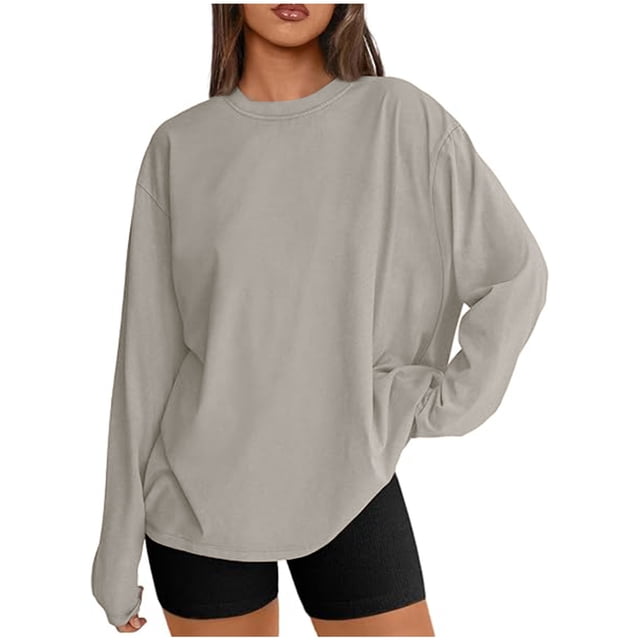 T-shirts Surdimensionnés pour Femmes Manches Longues Col Rond Chemise Décontractée Ample Tunique Couleur Unie Automne Basiques